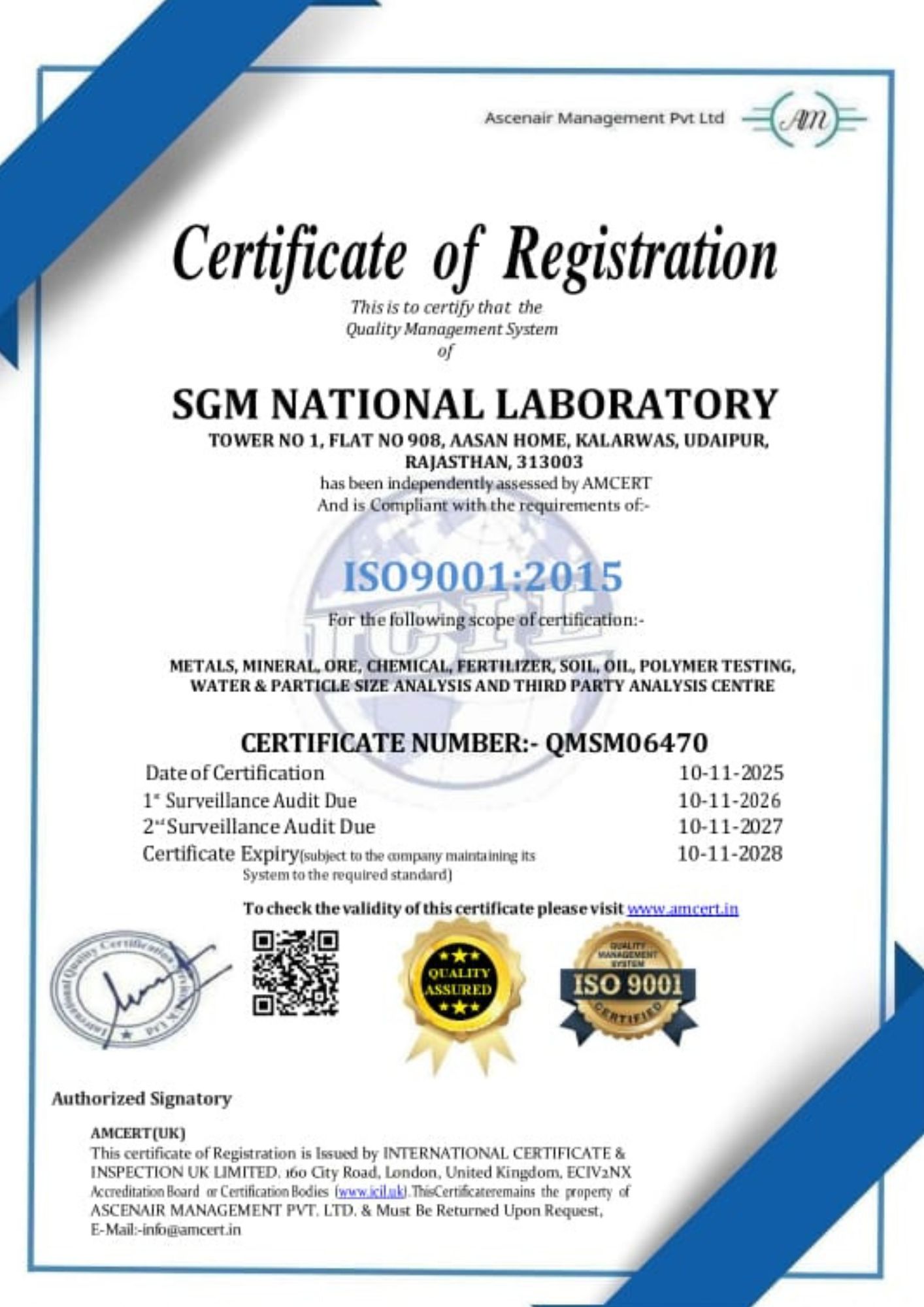 ISO9001 : 2015 Certified Laboratory - Accurate particle size analysis laboratory in Udaipur, Rajasthan, India